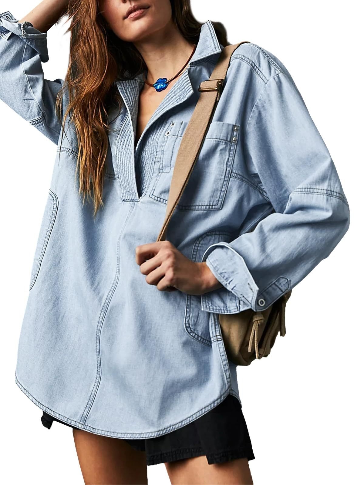 WOMEN'S DENIM V-NECK PULLOVER SHIRT