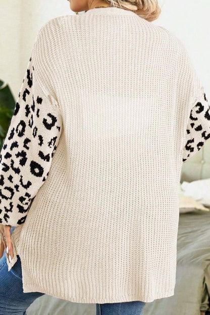 Women's casual sleeve leopard print patchwork knitted cardigan