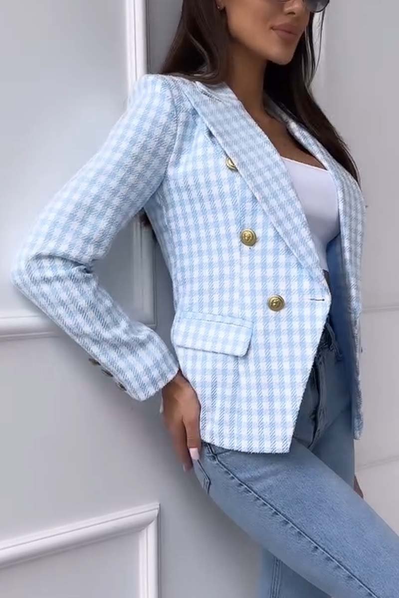 Women's Fashion Plaid Double Breasted Blazer Blazers Tops