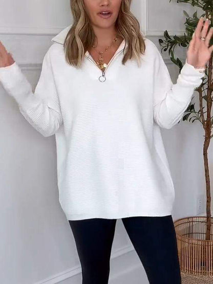 Women's Casual V-neck Half-zip Long-sleeved Top Cotton Top