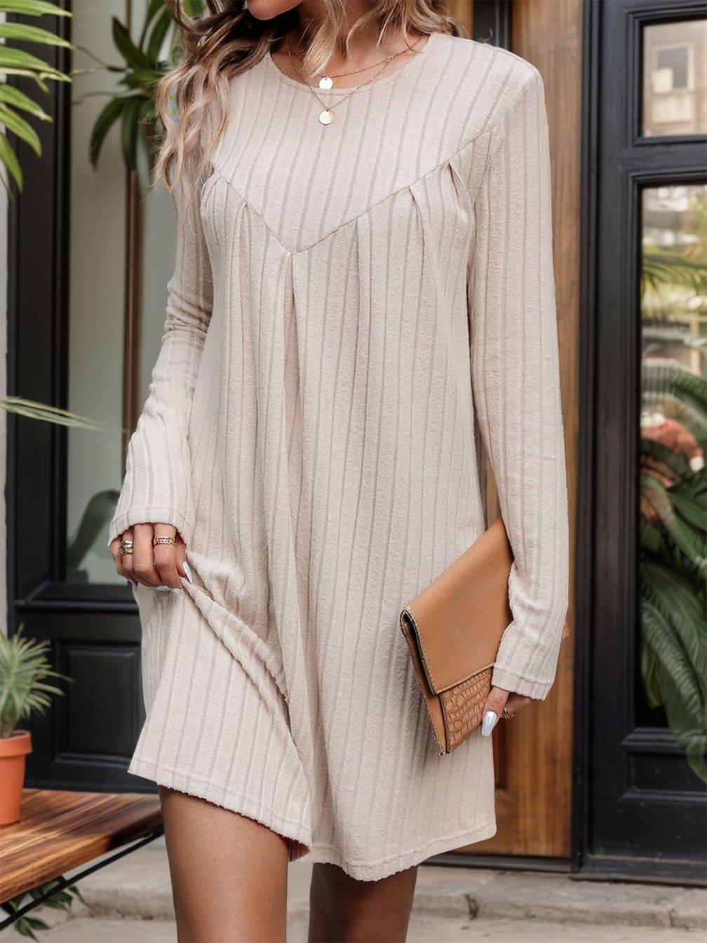 Women's Pitted Long Sleeve Knitted Dress Dress