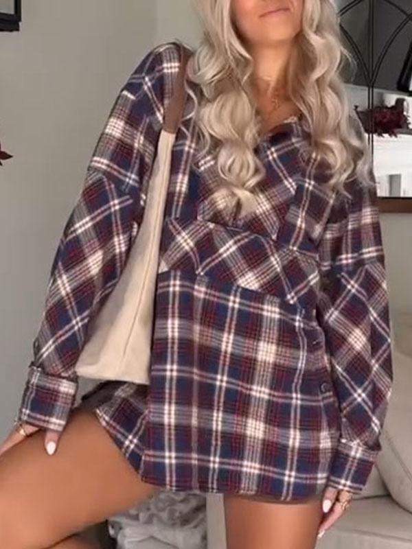 Women's Lapel Long Sleeve Plaid Top Tops