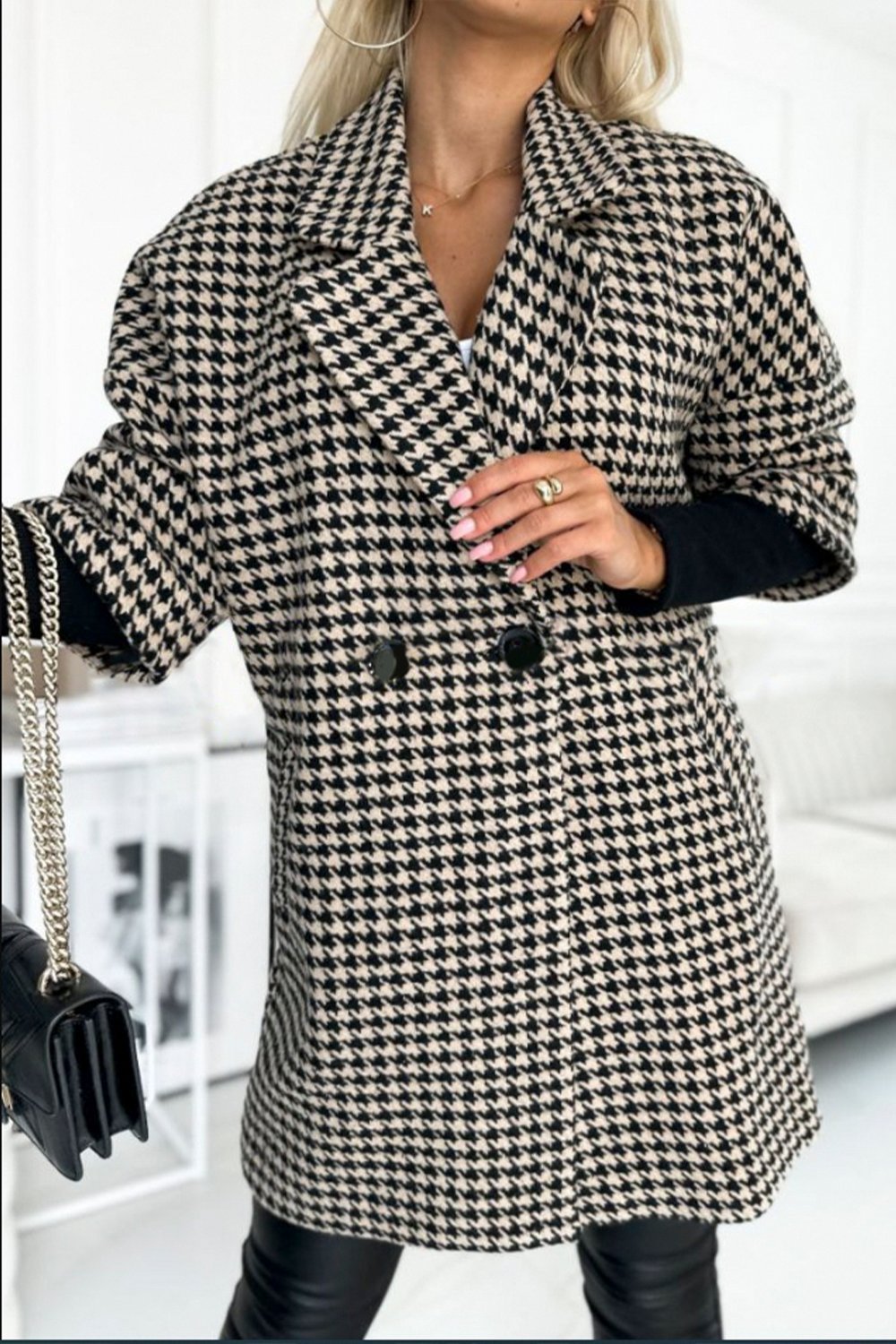 Women's Houndstooth Sleeves Knitted Patchwork Lapel Jacket Coats skirts Top