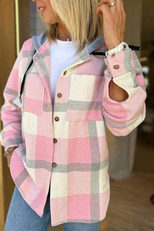 Casual Plaid Button-down Long-sleeve Hooded Shirt Shirt Tops