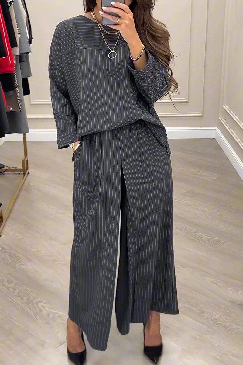 Women's Round Collar Long Sleeve Striped Casual Suit autumn Sets Suit Two piece sets