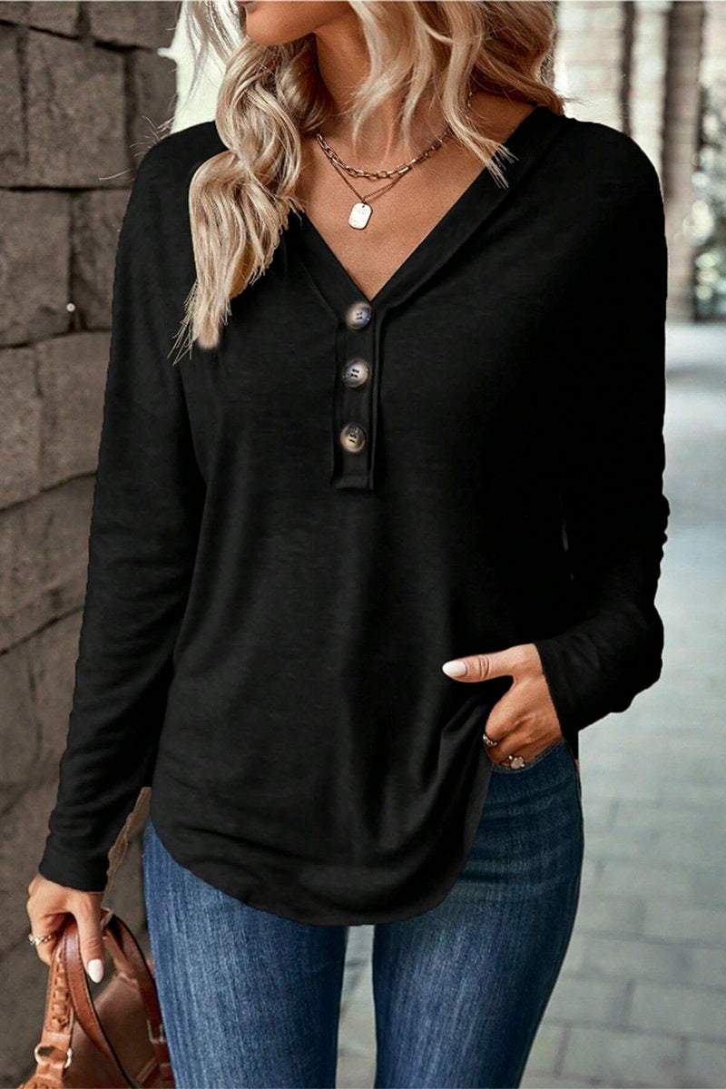 Women's Casual V Tie Button Long Sleeve Top