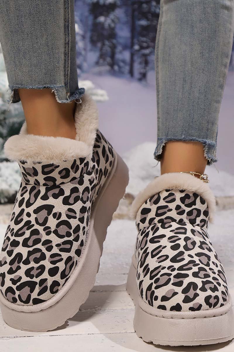 Women's thickened velvet round toe thick sole leopard print snow boots Martin Boots Shoes