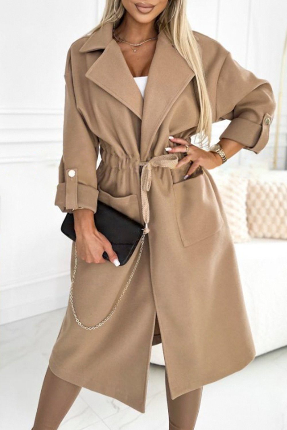 Women's Solid Color Large Lapel Waist Long Coat Coats skirts Top