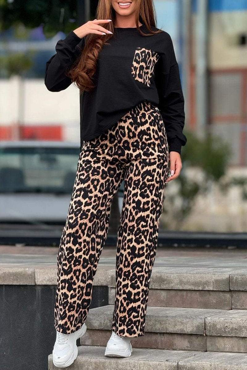 Women's Round Neck Long Sleeve Leopard Print Patchwork Suit autumn Sets Suit Two piece sets