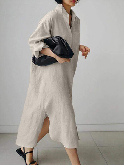 Women's Solid Color Long Sleeve Cardigan Irregular Split Dress Cotton and linen Dress Shirtdress