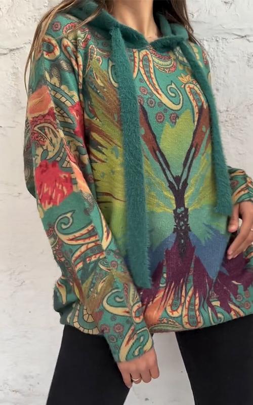 Women's Hooded Contrasting Print Sweater Jacket Cotton Jacket