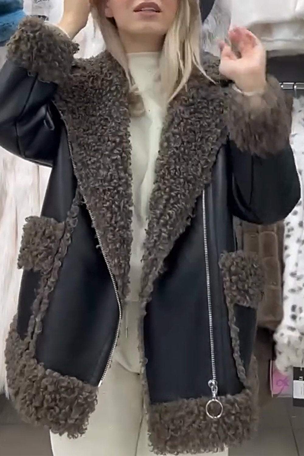 Women's Leather Patchwork Fur Jacket Top Jacket Top