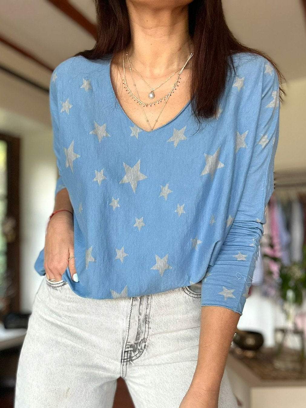 Women's Casual Star Print Round Neck Long Sleeve Top Top