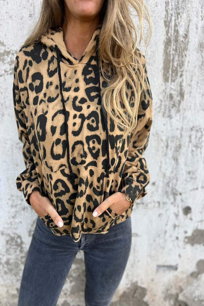 Women 's Leopard Print Hooded Long Sleeved Hoodie Top Hoodies Tops