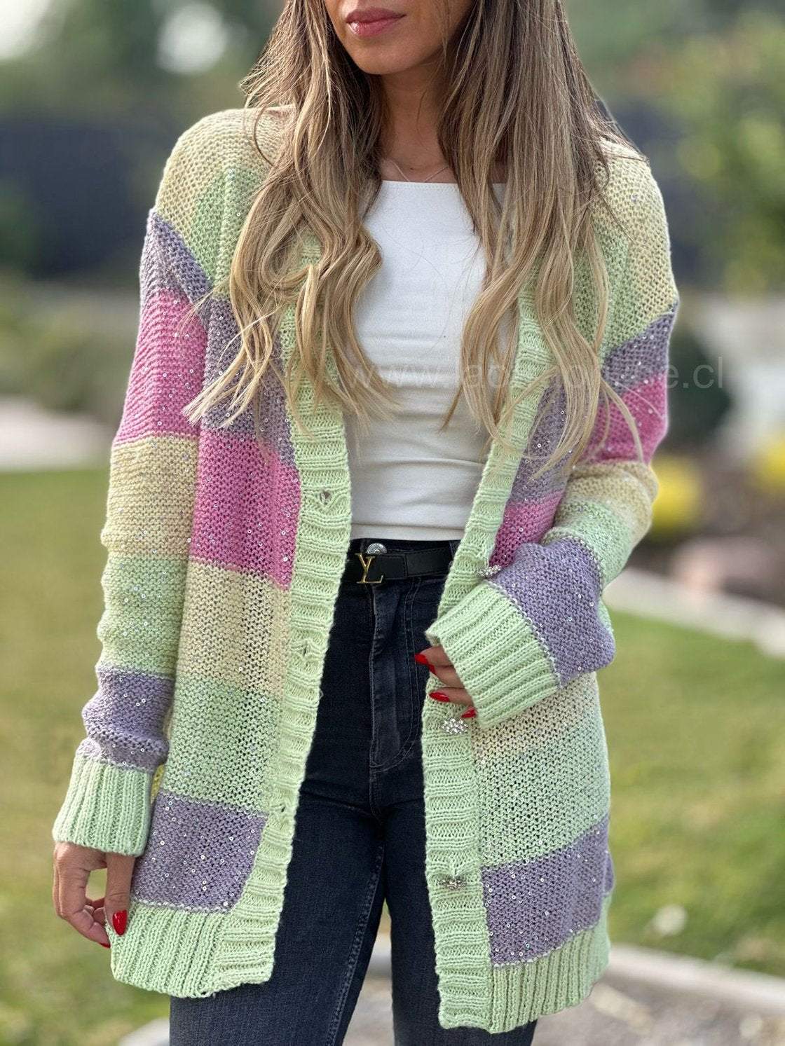 Women's Casual Contrast Color Striped Knitted Cardigan Cardigan