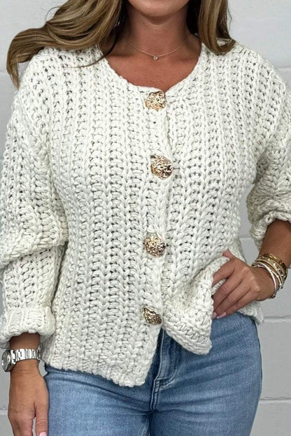 Women's Chunky Knit Gold Button Cardigan Cardigans Sweaters Tops