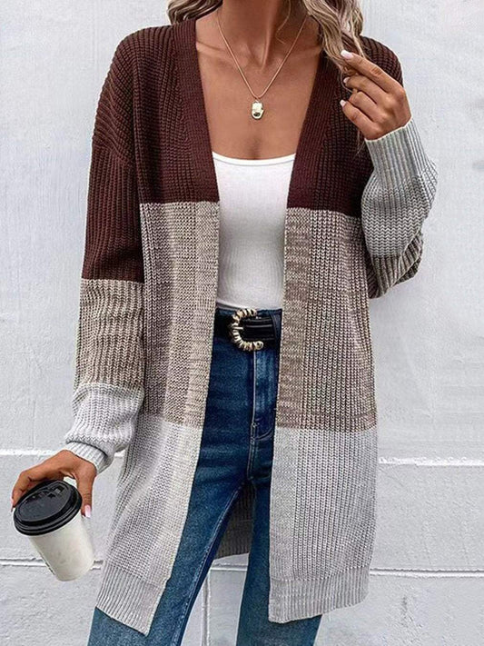 Women's Casual Contrast Color Mid-Length Knitted Cardigan Cardigan