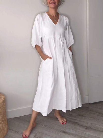 Women's V-neck Solid Color Mid-length Sleeve Dress Cotton and linen Dress