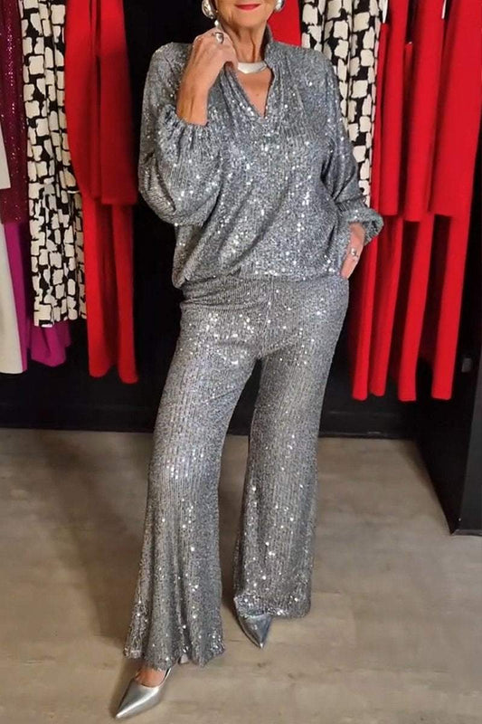 Women's Spring and Fall V-neck Top and Pants Sequined Suit Sets Two piece sets