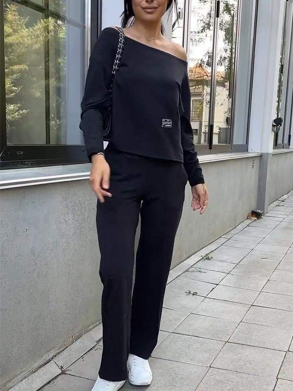 Women's Casual Slant Collar Solid Color Long Sleeve Autumn Two-piece Suit Cotton Suit Two-piece