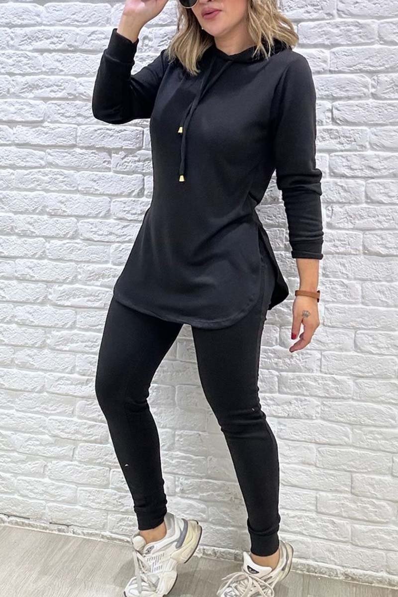 Women's casual sports slit hooded knitted suit Set Two-Piece Set