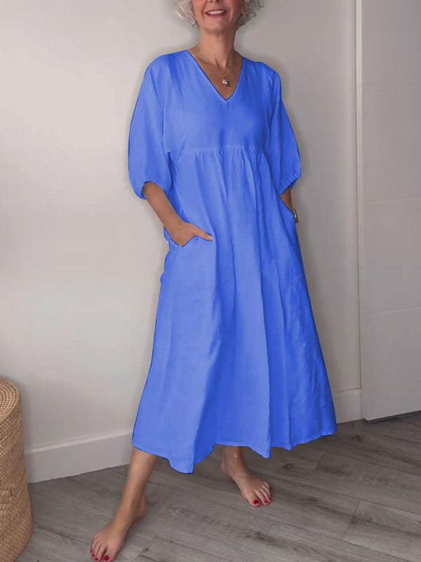 Women's V-neck Solid Color Mid-length Sleeve Dress Cotton and linen Dress