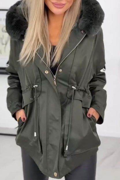 Women's Casual Short Windbreaker Large Fur Collar Waisted Hooded Jacket Coats skirts Top