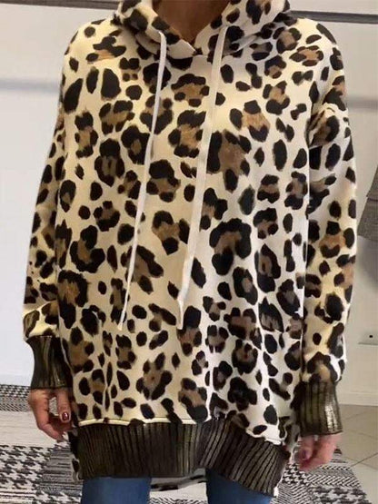 Women's Leopard Print Long Sleeve Hooded Sweatshirt Sweatshirt Tops