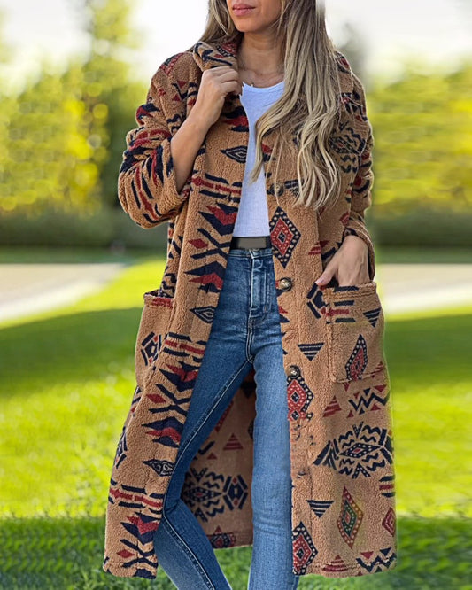 Women's Western Retro Print Long Sleeve Coat Coat