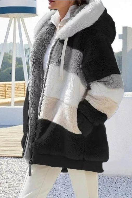 Women's Casual Warm Fur Contrast Hooded Jacket Coats skirts Top