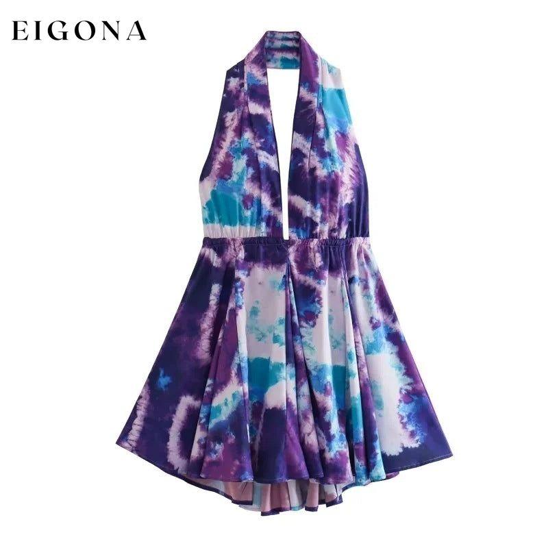 New fashionable V-neck suspender sexy printed halter neck short dress Purple casual dress casual dresses clothes dress dresses short dress short dresses