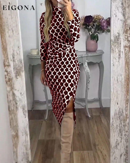 Fish scale print slit dress Burgundy 2023 f/w casual dresses Clothes discount Dresses spring