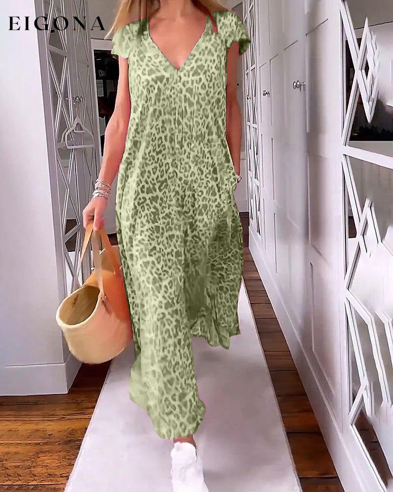 V-neck printed short-sleeved long dress Dark green 23BF Casual Dresses Clothes discount Dresses Summer