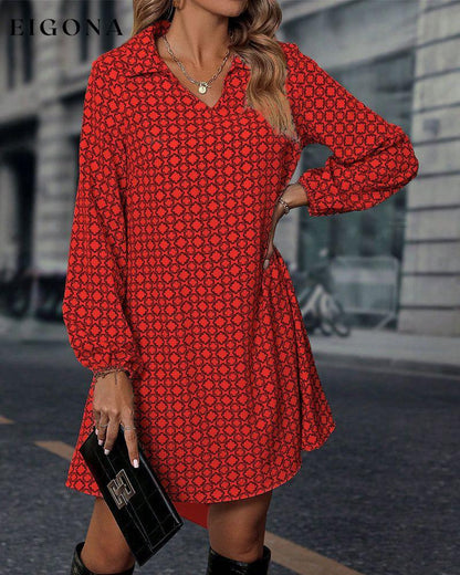 Lapel Long Sleeve Printed Dress Red 2023 f/w casual dresses Clothes discount Dresses spring