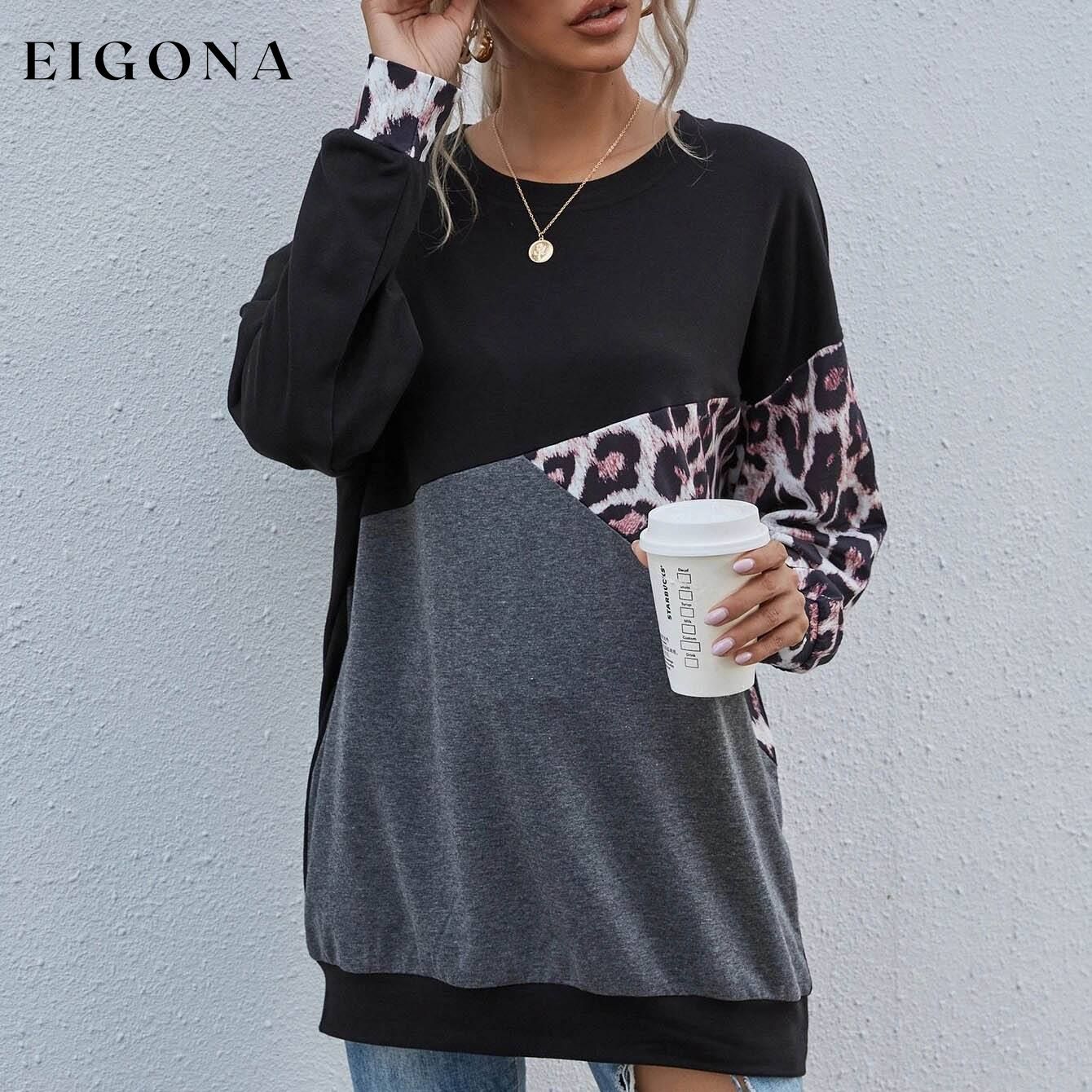 Leopard Print Colorblock Drop Shoulder Sweatshirt __stock:500 clothes refund_fee:1200 tops