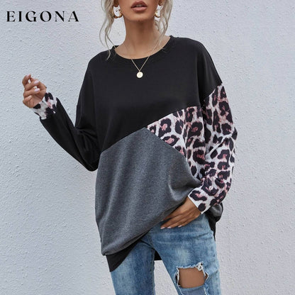 Leopard Print Colorblock Drop Shoulder Sweatshirt __stock:500 clothes refund_fee:1200 tops