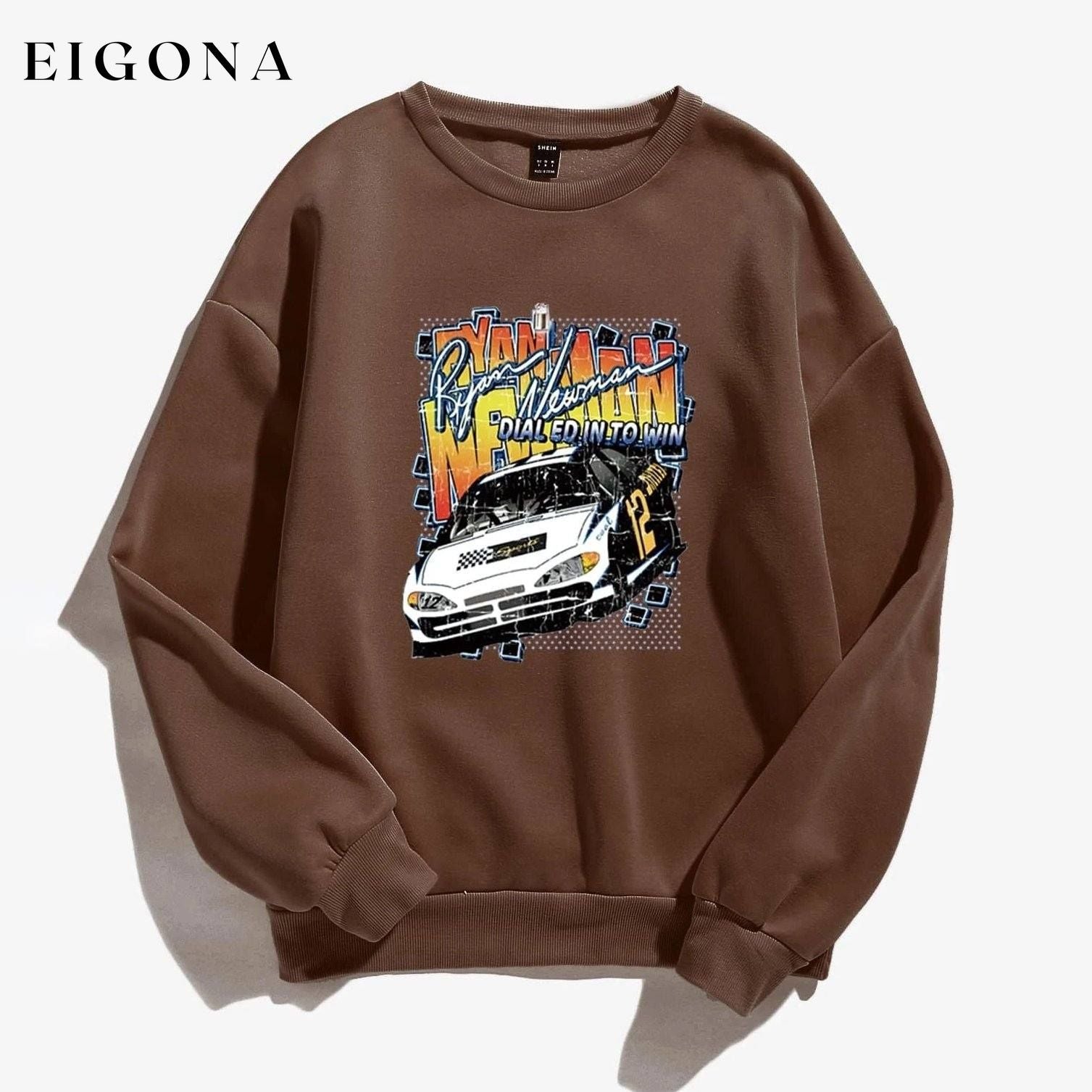 Letter and Car Print Oversized Sweatshirt Brown __stock:500 clothes refund_fee:800 tops