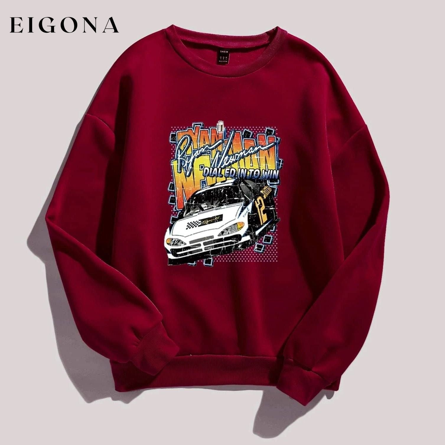 Letter and Car Print Oversized Sweatshirt Burgundy __stock:500 clothes refund_fee:800 tops