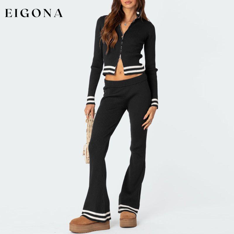 Women's zipper crop top high waist wide leg pants two piece set Loungewear Sets