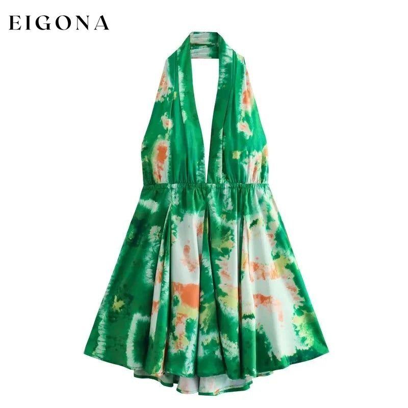 New fashionable V-neck suspender sexy printed halter neck short dress Green casual dress casual dresses clothes dress dresses short dress short dresses