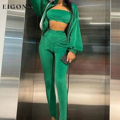 Ladies Fashion Velvet Three-Piece Suit Green clothes