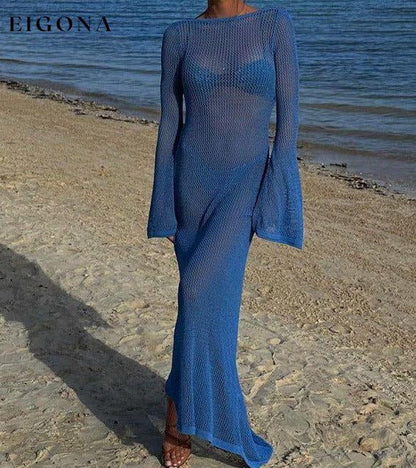 Knitted Beach Resort Dress Long Sleeve Hollow Out See Through Blue Clothes
