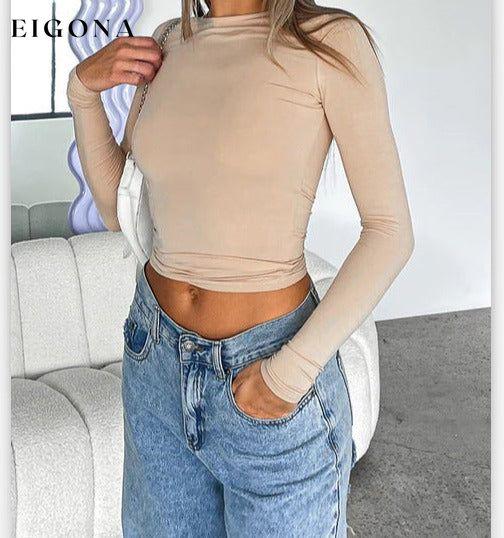 Women's Top, round neck slim long sleeve solid color long sleeve t-shirt Khaki clothes long sleeve top shirt shirts top tops