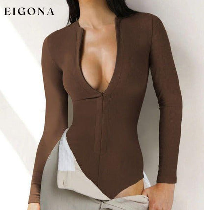 Zippered placket sexy long sleeves bodysuit Coffe bodysuit bodysuits Clothes long sleeve shirts shirt shirts top tops