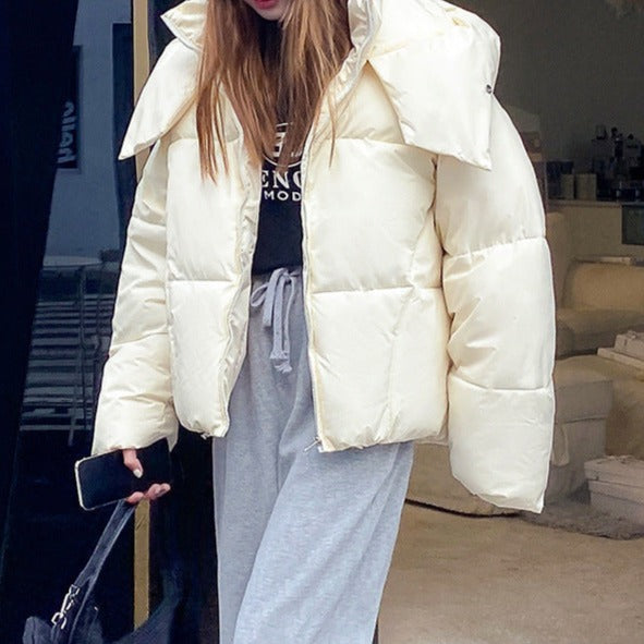 Women's short loose warm hooded down puffy winter coat jacket Cream clothes Jackets & Coats