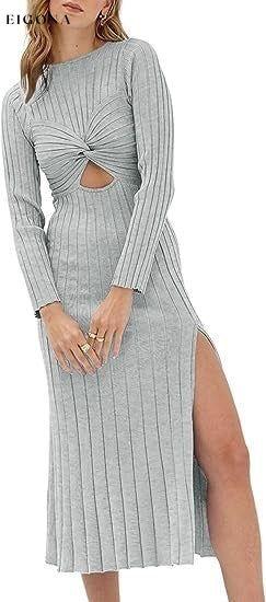 New hollow round neck solid color long sleeve slit knitted ribbed dress Grey casual dresses clothes dress dresses long dress long sleeve dresses midi dress