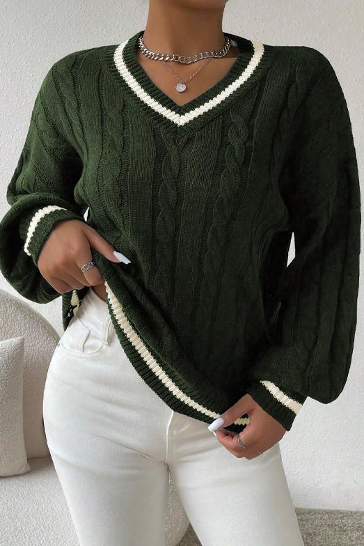 Women's Casual Contrast Textured V-Neck Sweater sweaters Top