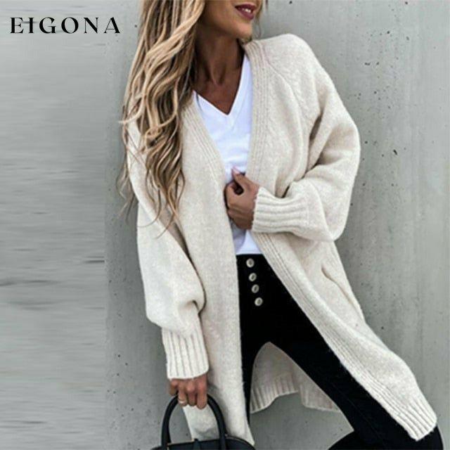 Casual Loose Solid Cardigan Beige cardigan cardigans clothes tops