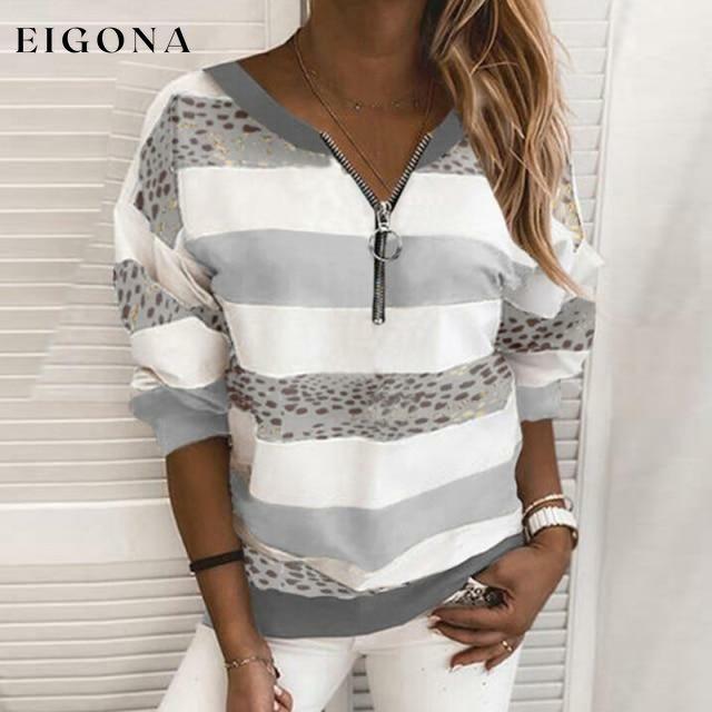 Elegant Patchwork Striped Shirt Gray Best Sellings clothes Plus Size Sale tops Topseller