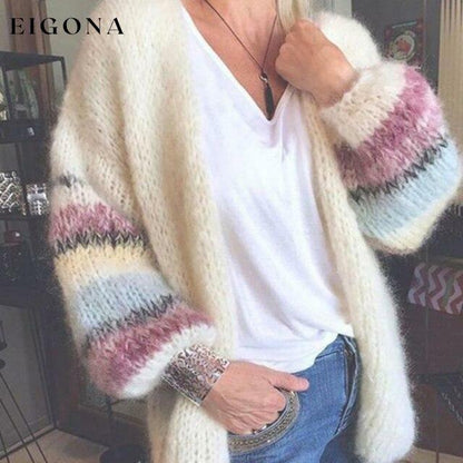 Elegant Striped Knitted Cardigan Beige cardigan cardigans clothes tops
